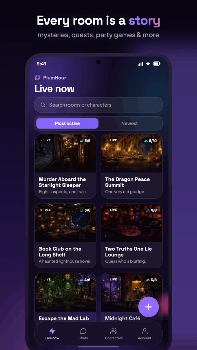 Live now grid of story rooms — a train murder mystery, a dragon summit, and party games