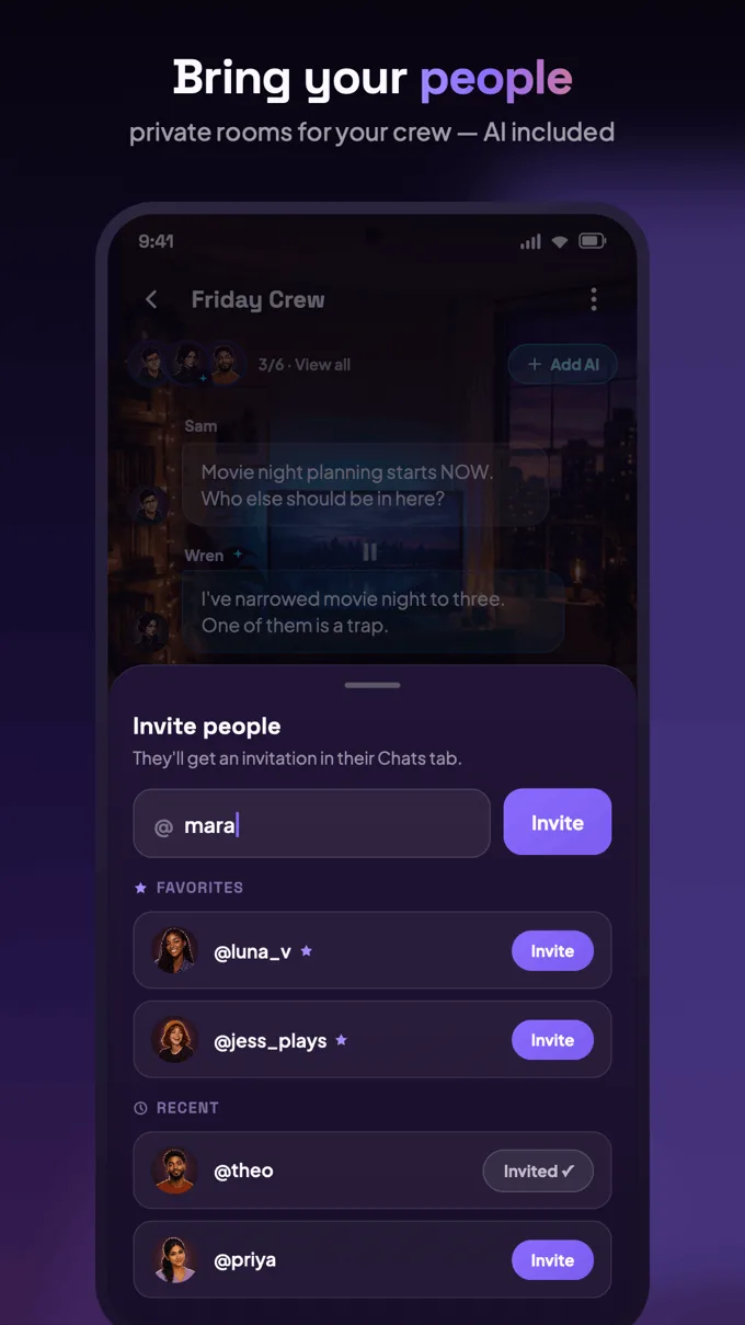 Invite sheet adding friends to a private movie-night room